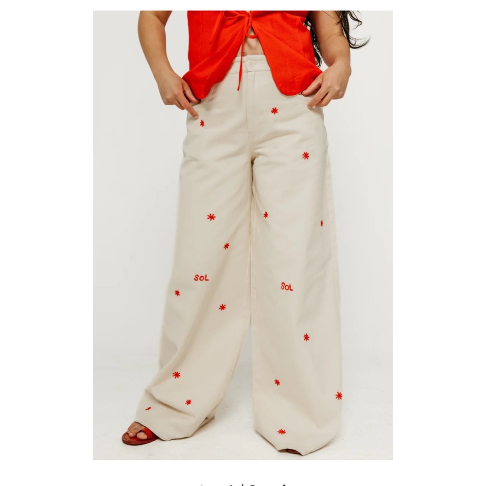 Women's Cream Wide-Leg Pants with Red Embroidery